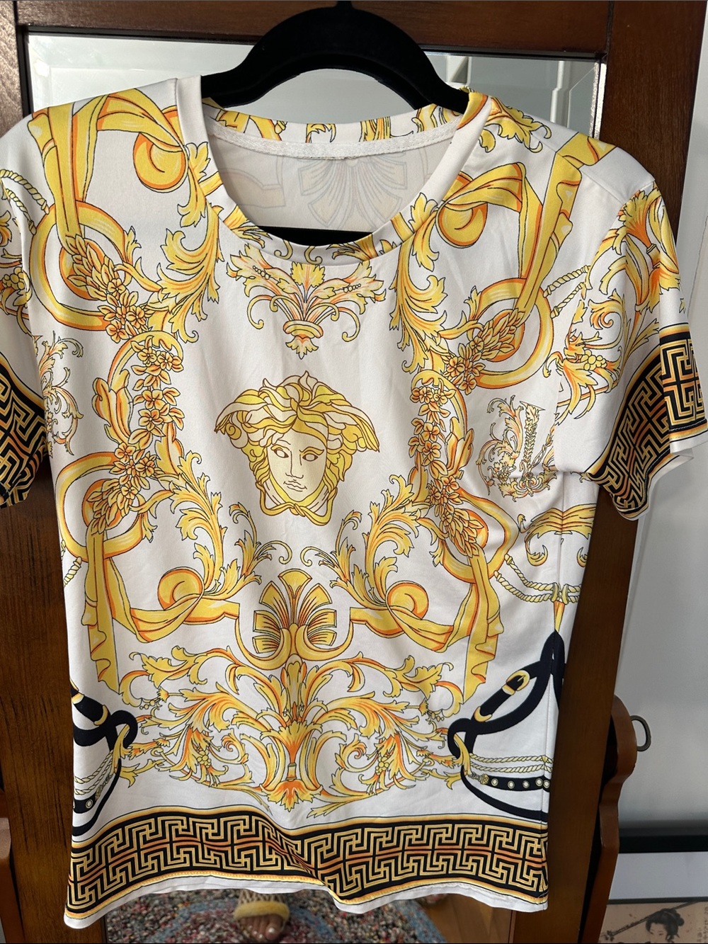 White Short Sleeve Tee with Yellow Baroque Medallion Print
